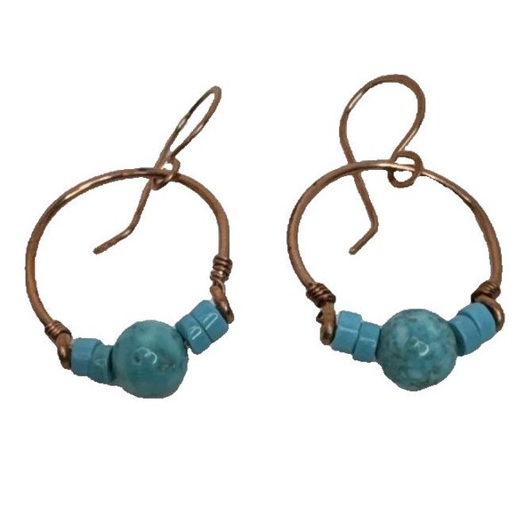 Copper And Turquoise Gemstone Half Hoop Earrings Handcrafted Made In USA Boho - Picture 3 of 7